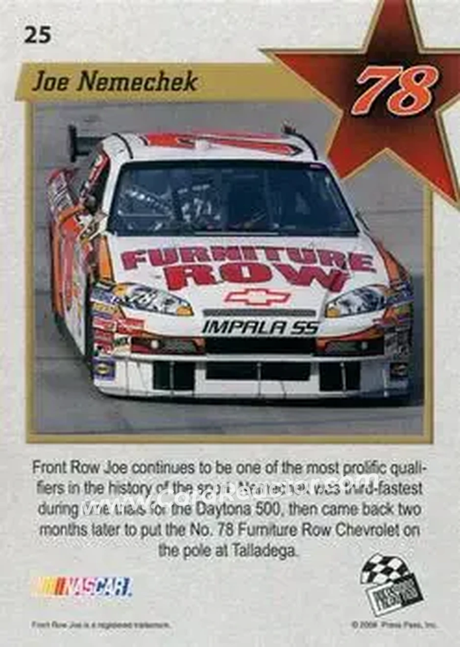 2008 Press Pass VIP #25 - Joe Nemechek - Furniture Row Racing - Back