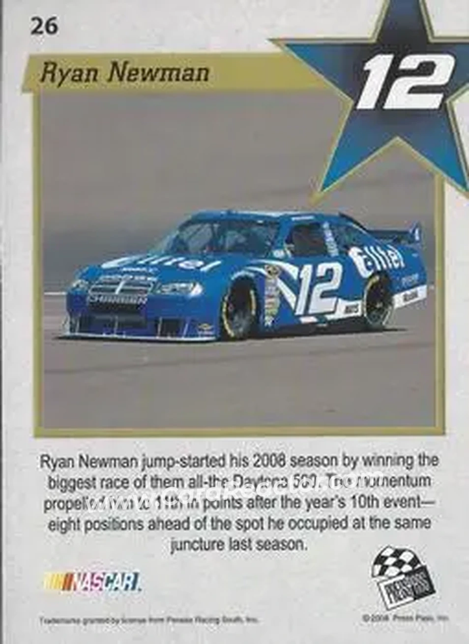 2008 Press Pass VIP #26 - Ryan Newman - Penske Racing South - Back