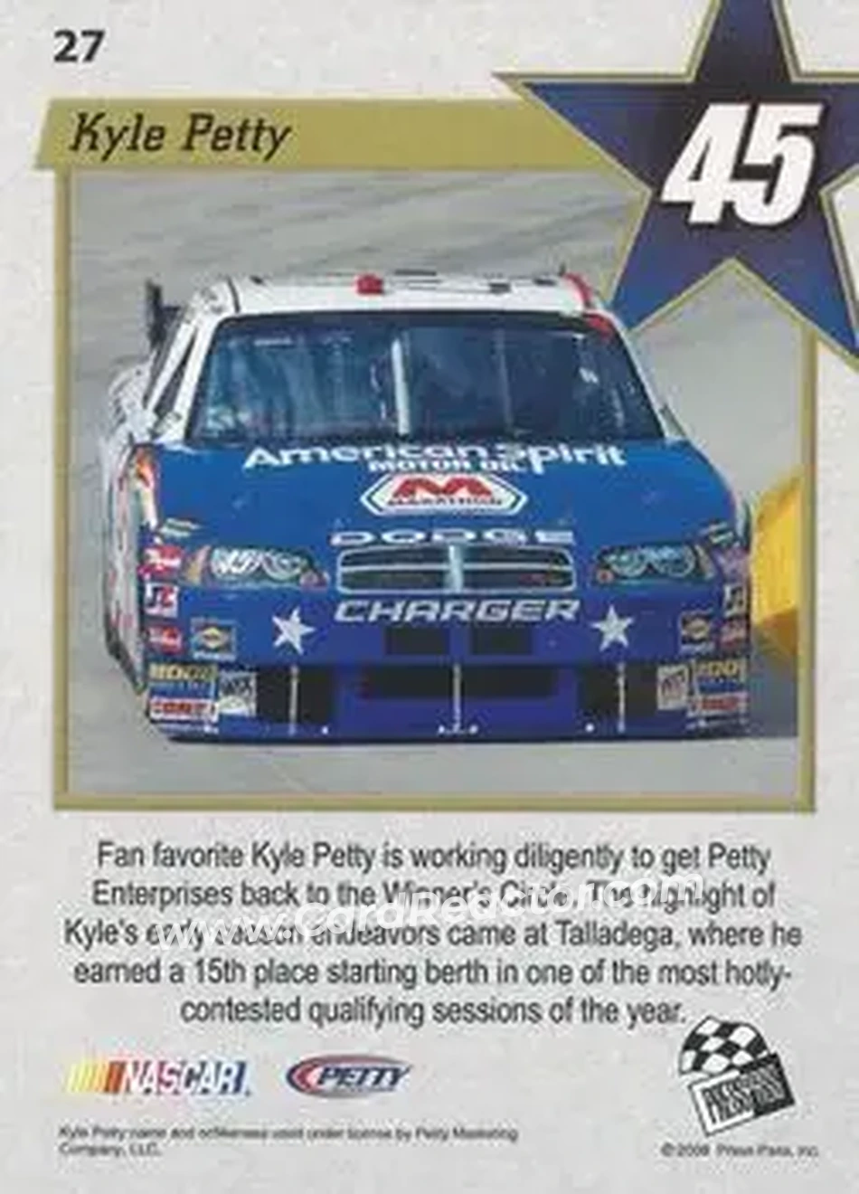 2008 Press Pass VIP #27 - Kyle Petty - Petty Enterprises - Back