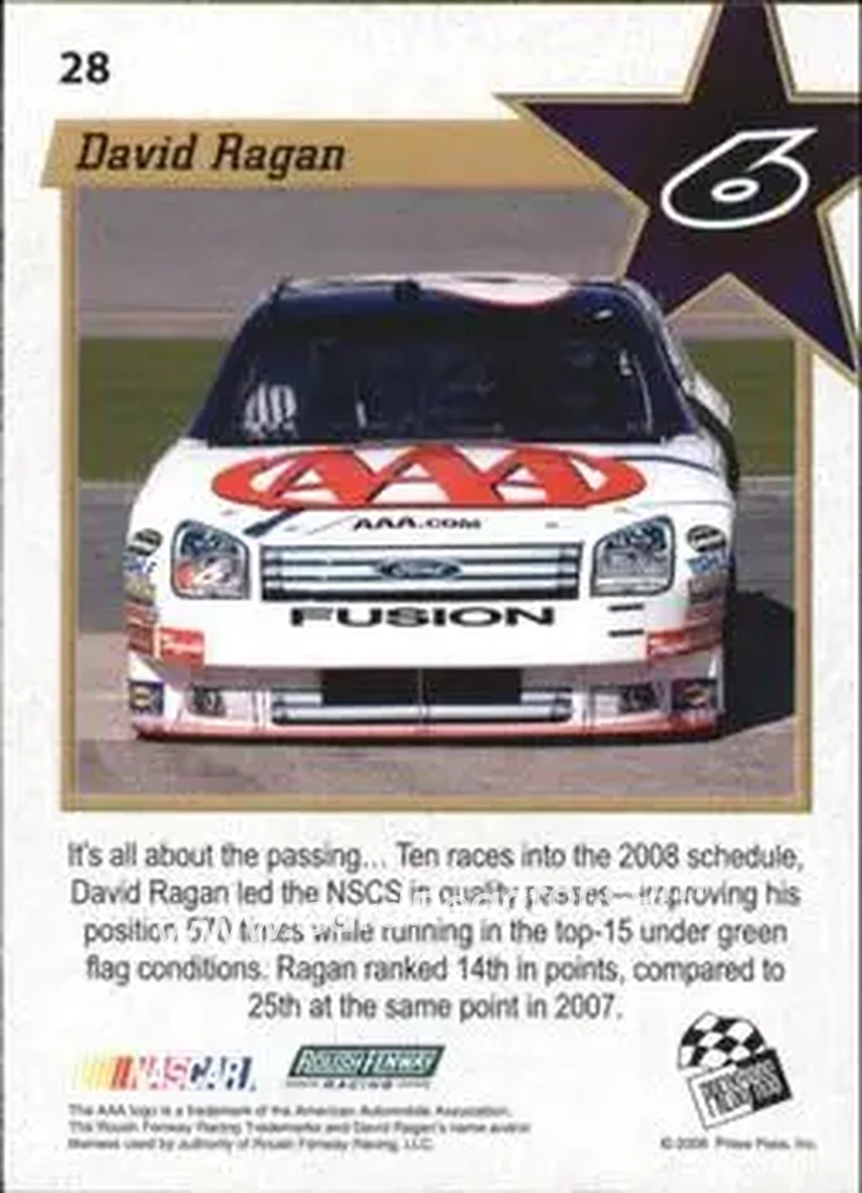 2008 Press Pass VIP #28 - David Ragan - Roush Fenway Racing - Back