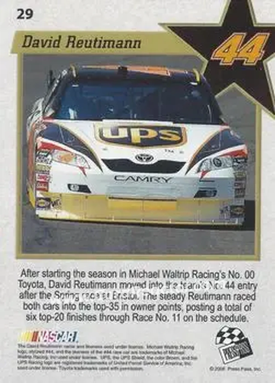 2008 Press Pass VIP #29 - David Reutimann - Michael Waltrip Racing - Back