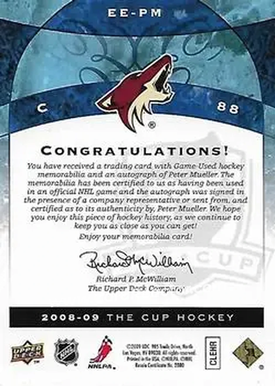 2008-09 Upper Deck The Cup - Emblems of Endorsement #EE-PM - Peter Mueller - Phoenix Coyotes - Back