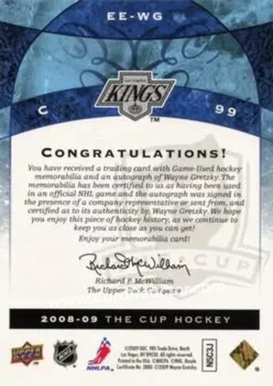 2008-09 Upper Deck The Cup - Emblems of Endorsement #EE-WG - Wayne Gretzky - Los Angeles Kings - Back