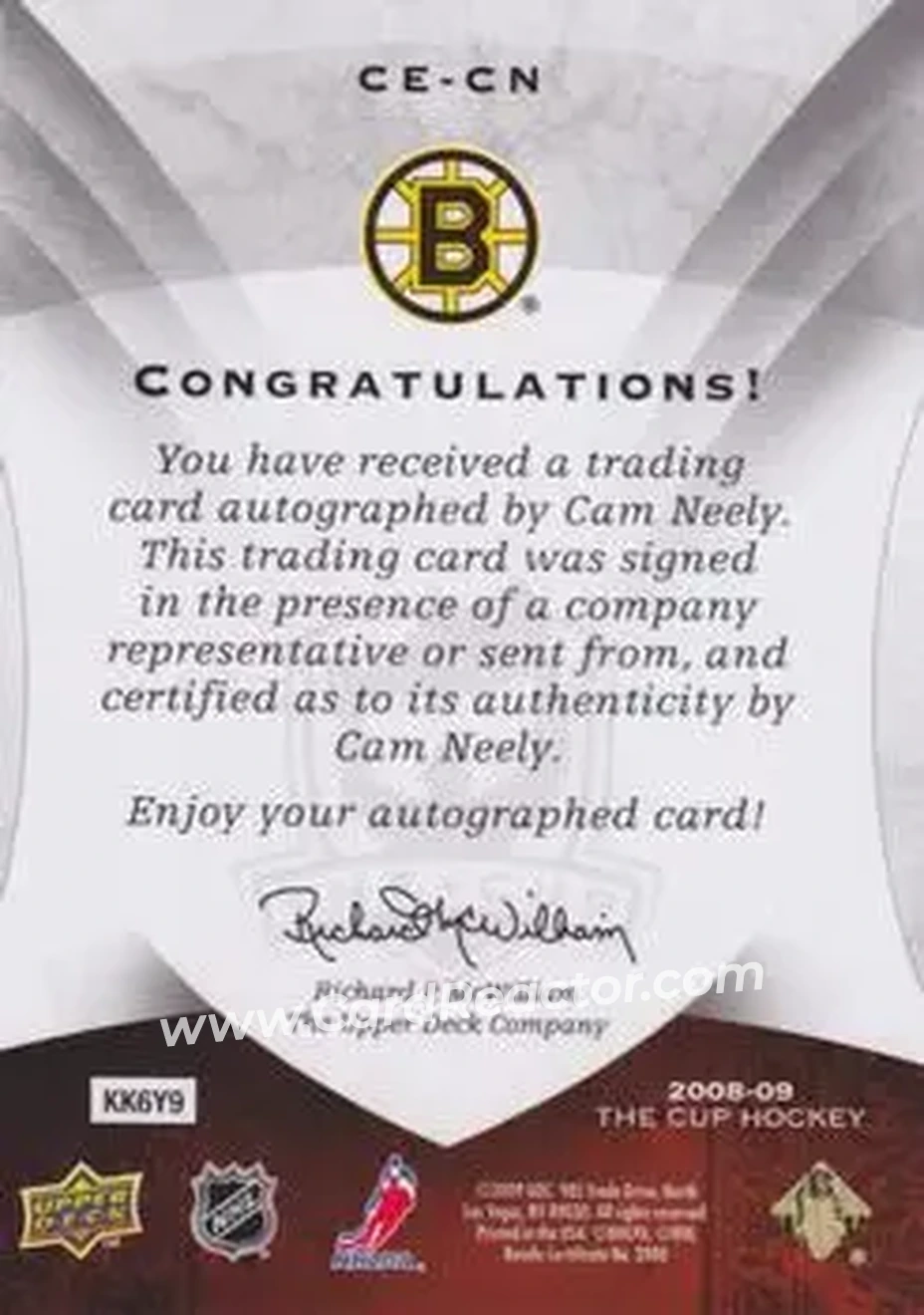 2008-09 Upper Deck The Cup - Enshrinements #CE-CN - Cam Neely - Boston Bruins - Back