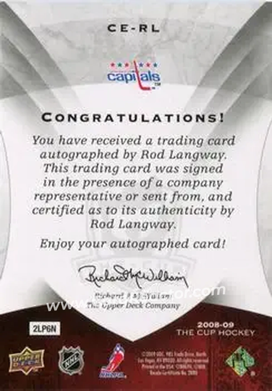 2008-09 Upper Deck The Cup - Enshrinements #CE-RL - Rod Langway - Washington Capitals - Back