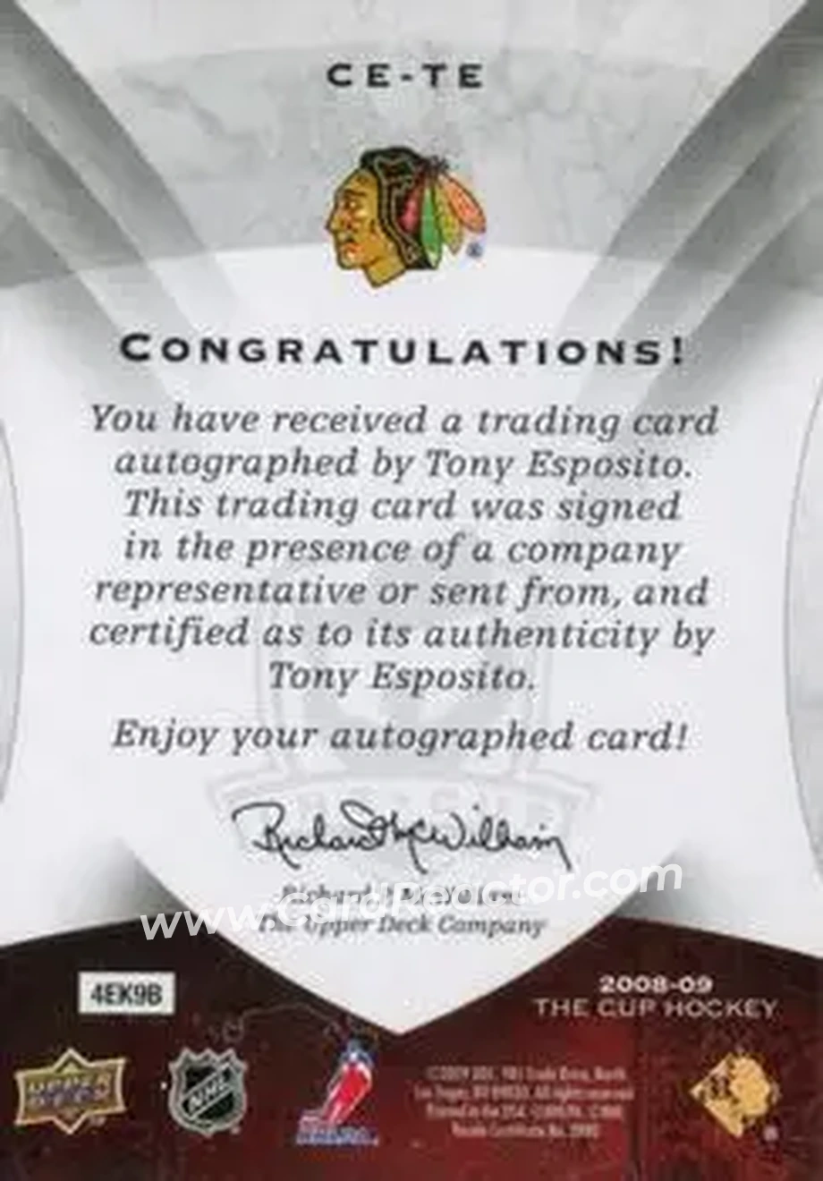 2008-09 Upper Deck The Cup - Enshrinements #CE-TE - Tony Esposito - Chicago Blackhawks - Back