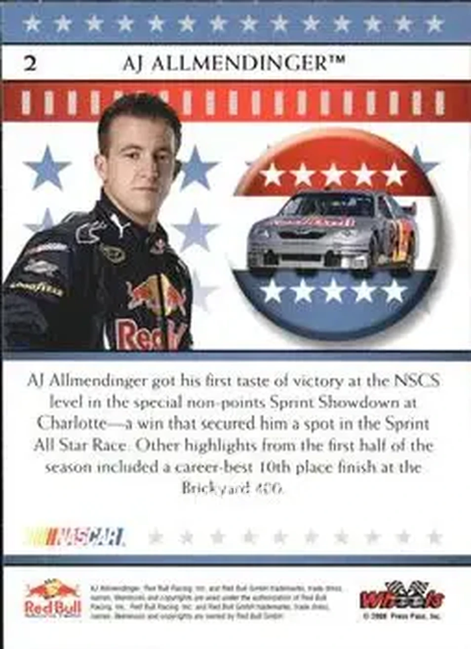 2008 Wheels American Thunder #2 - AJ Allmendinger - Red Bull Racing Team - Back