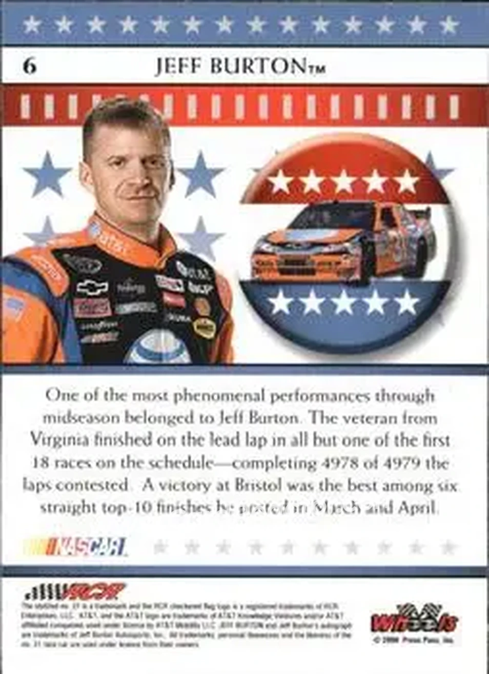 2008 Wheels American Thunder #6 - Jeff Burton - Richard Childress Racing - Back
