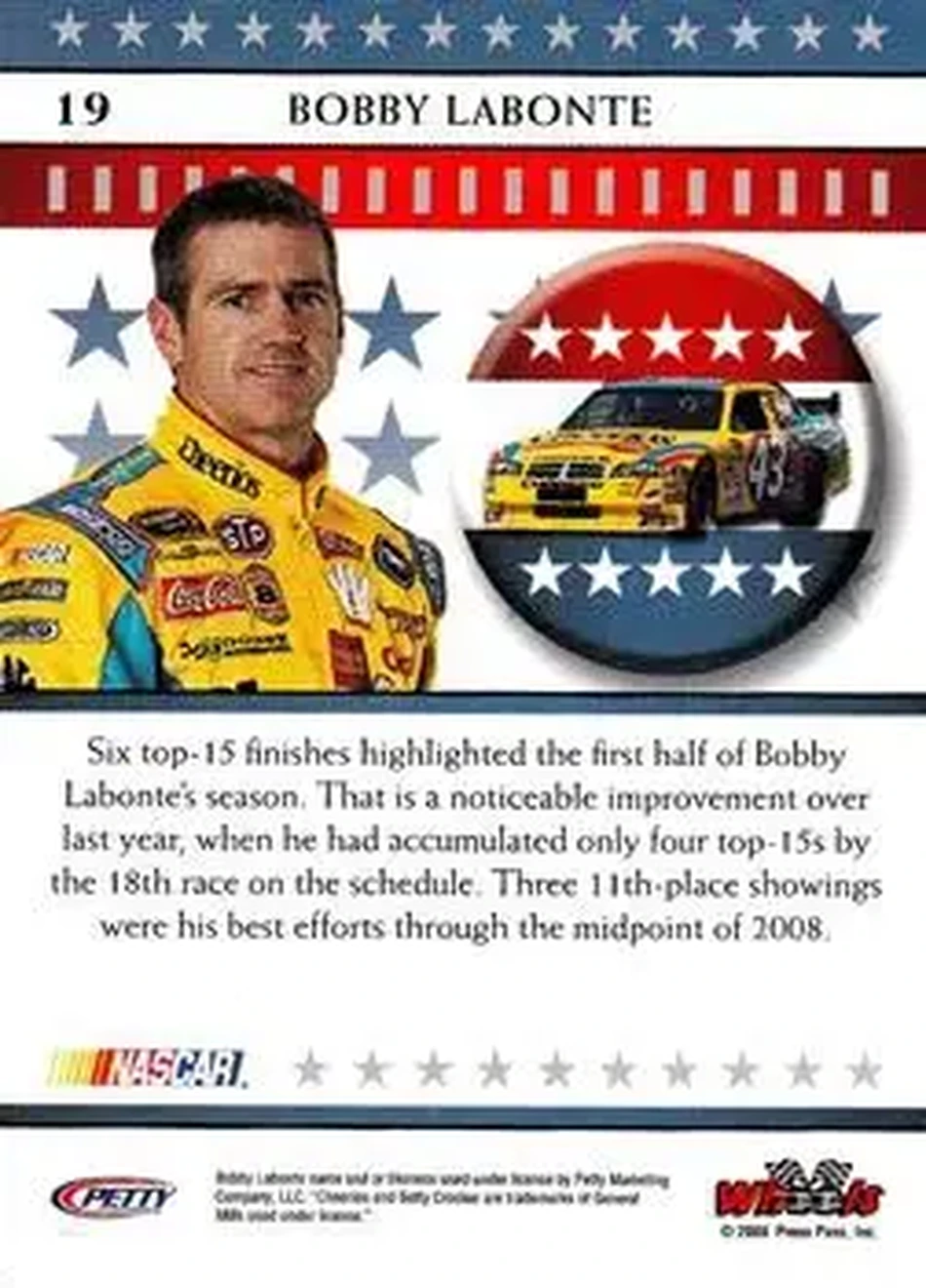 2008 Wheels American Thunder #19 - Bobby Labonte - Petty Enterprises - Back