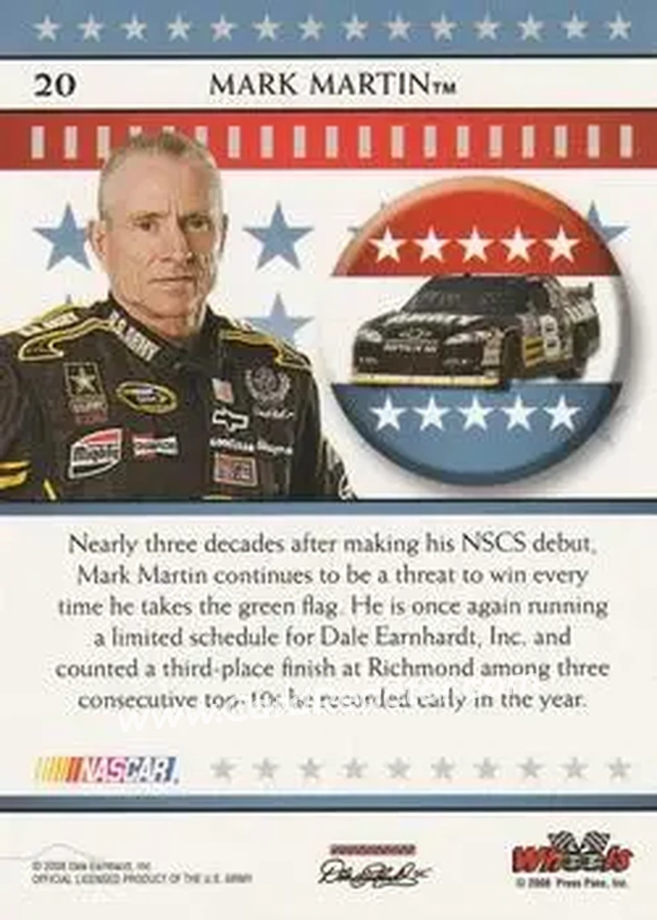 2008 Wheels American Thunder #20 - Mark Martin - Dale Earnhardt Inc. - Back