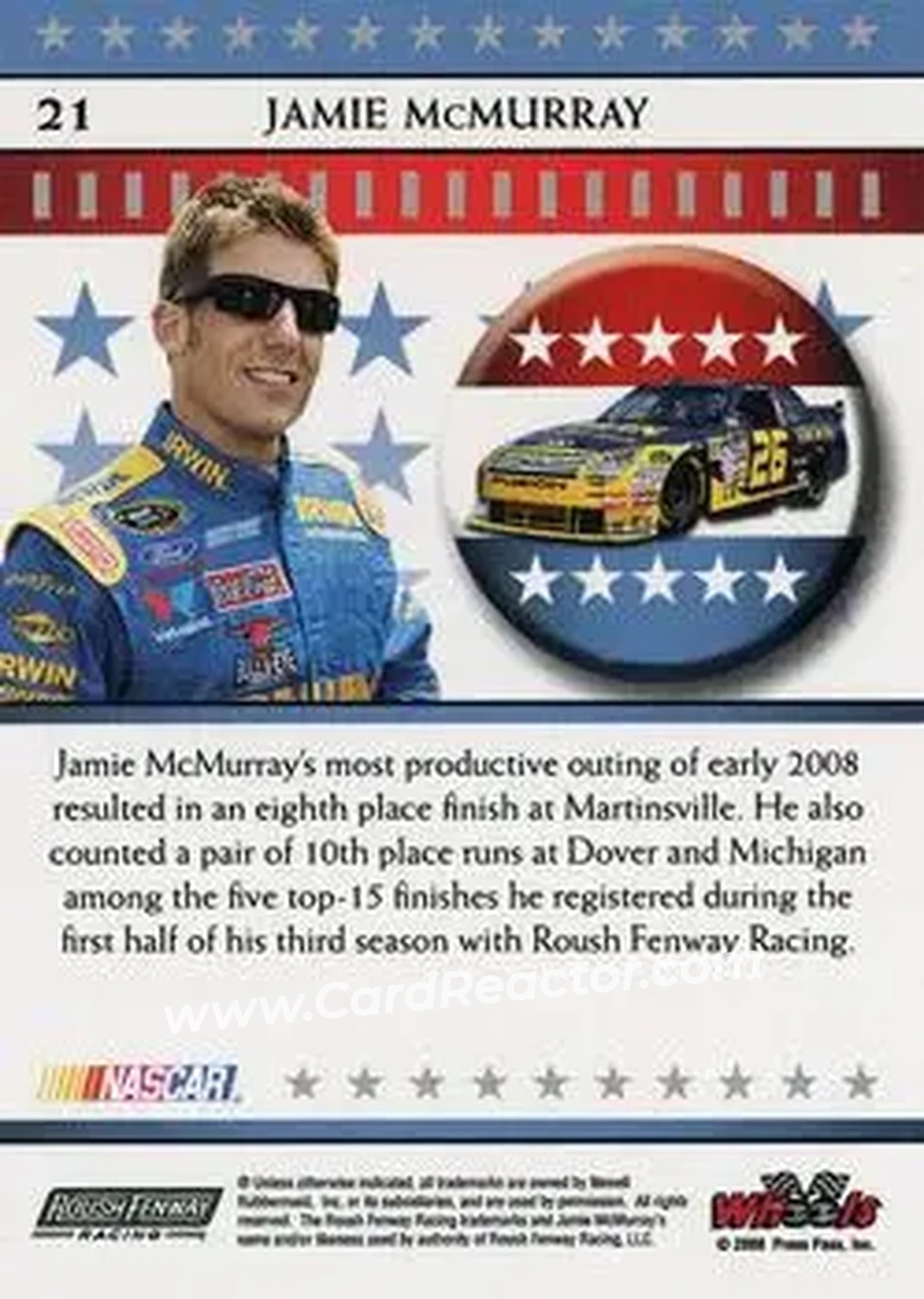2008 Wheels American Thunder #21 - Jamie McMurray - Roush Fenway Racing - Back