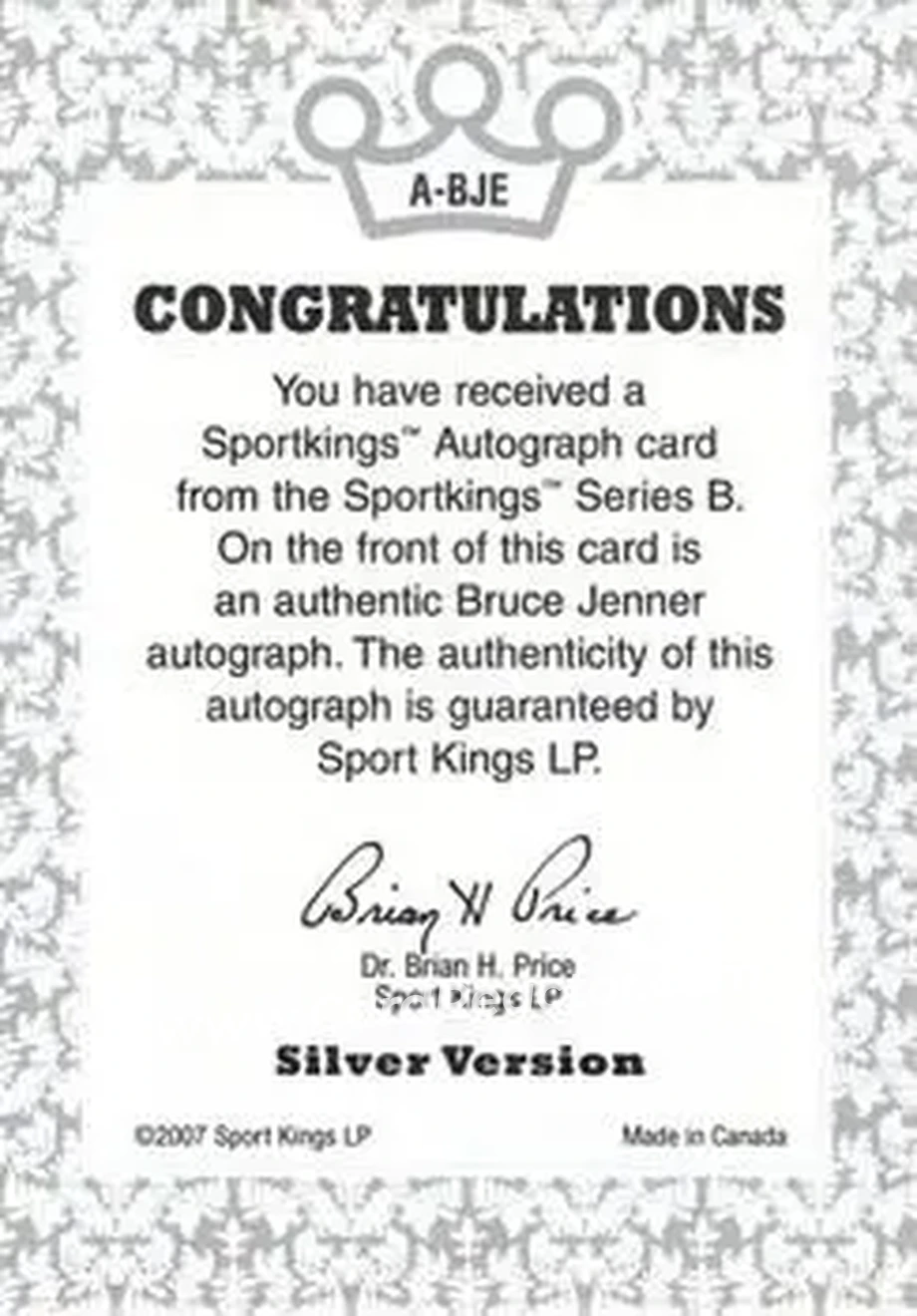 2008 Sportkings Series B - Autograph Silver #A-BJE - Bruce Jenner - Back