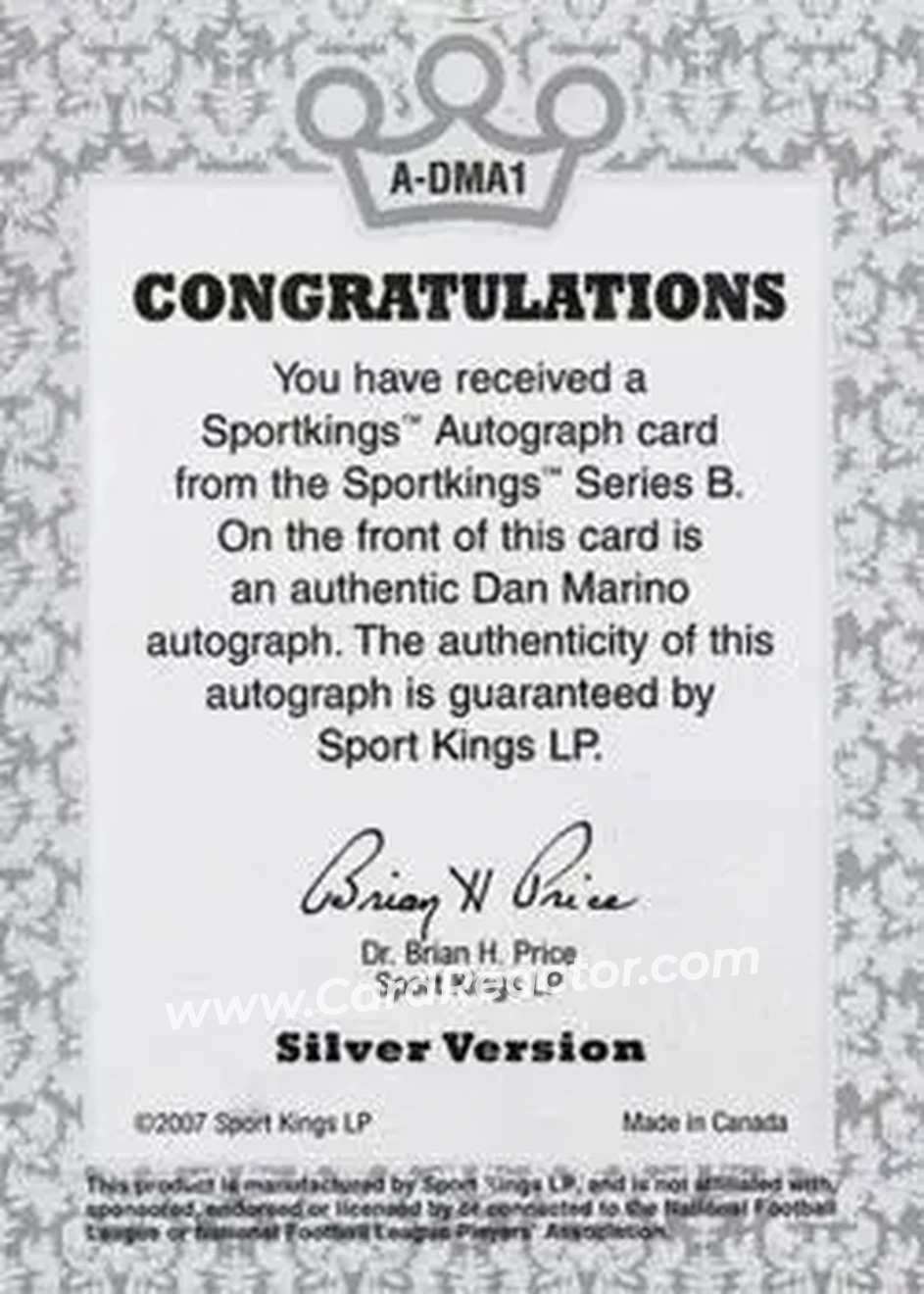 2008 Sportkings Series B - Autograph Silver #A-DMA1 - Dan Marino - Back