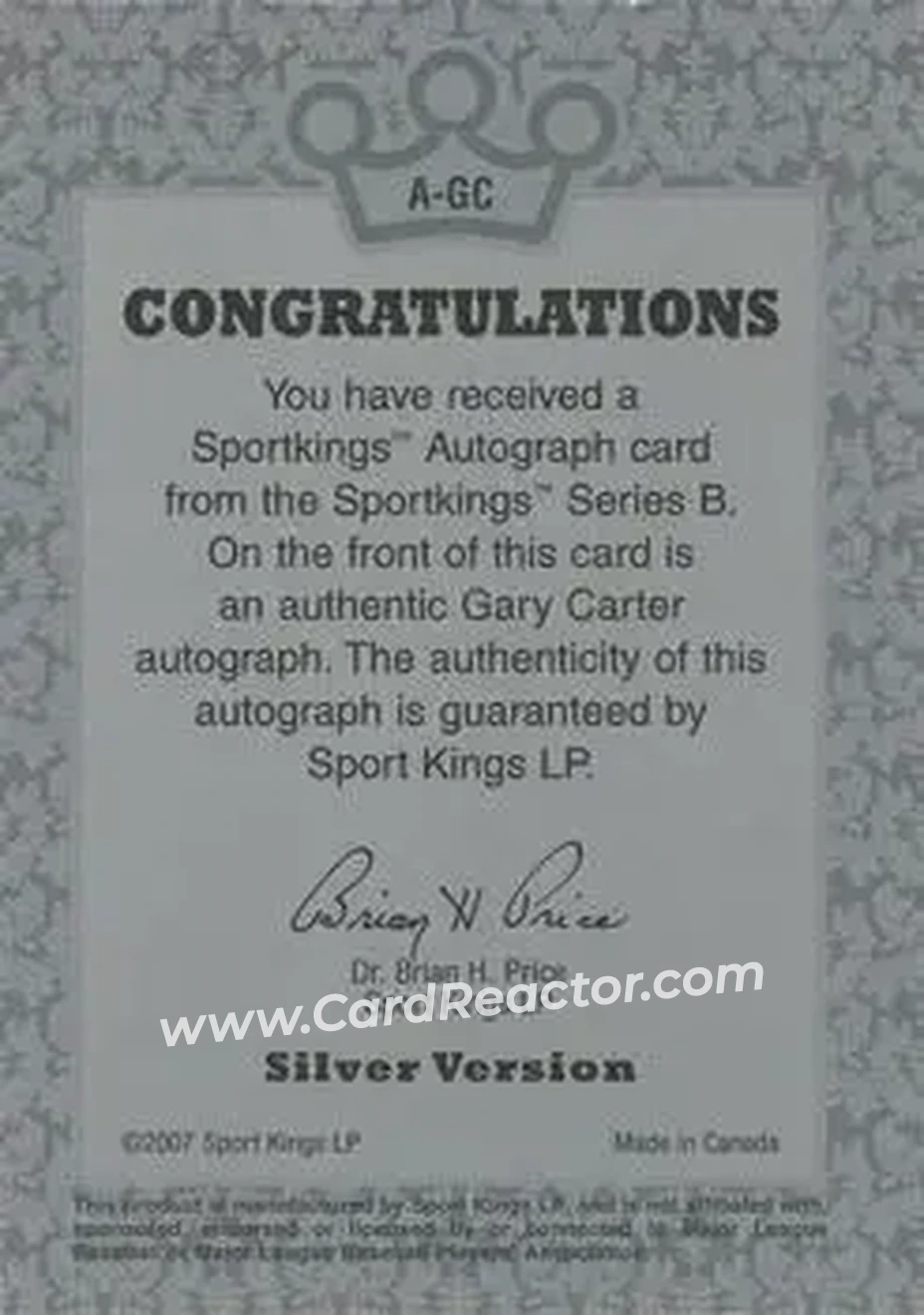 2008 Sportkings Series B - Autograph Silver #A-GC - Gary Carter - Montreal Expos - Back 2008 Sportkings Series B - Autograph Silver #A-GC - Gary Carter - Montreal Expos - Back