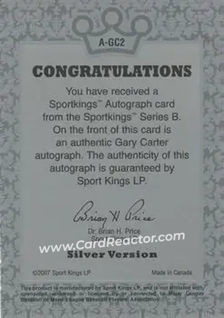 2008 Sportkings Series B - Autograph Silver #A-GC2 - Gary Carter - New York Mets - Back