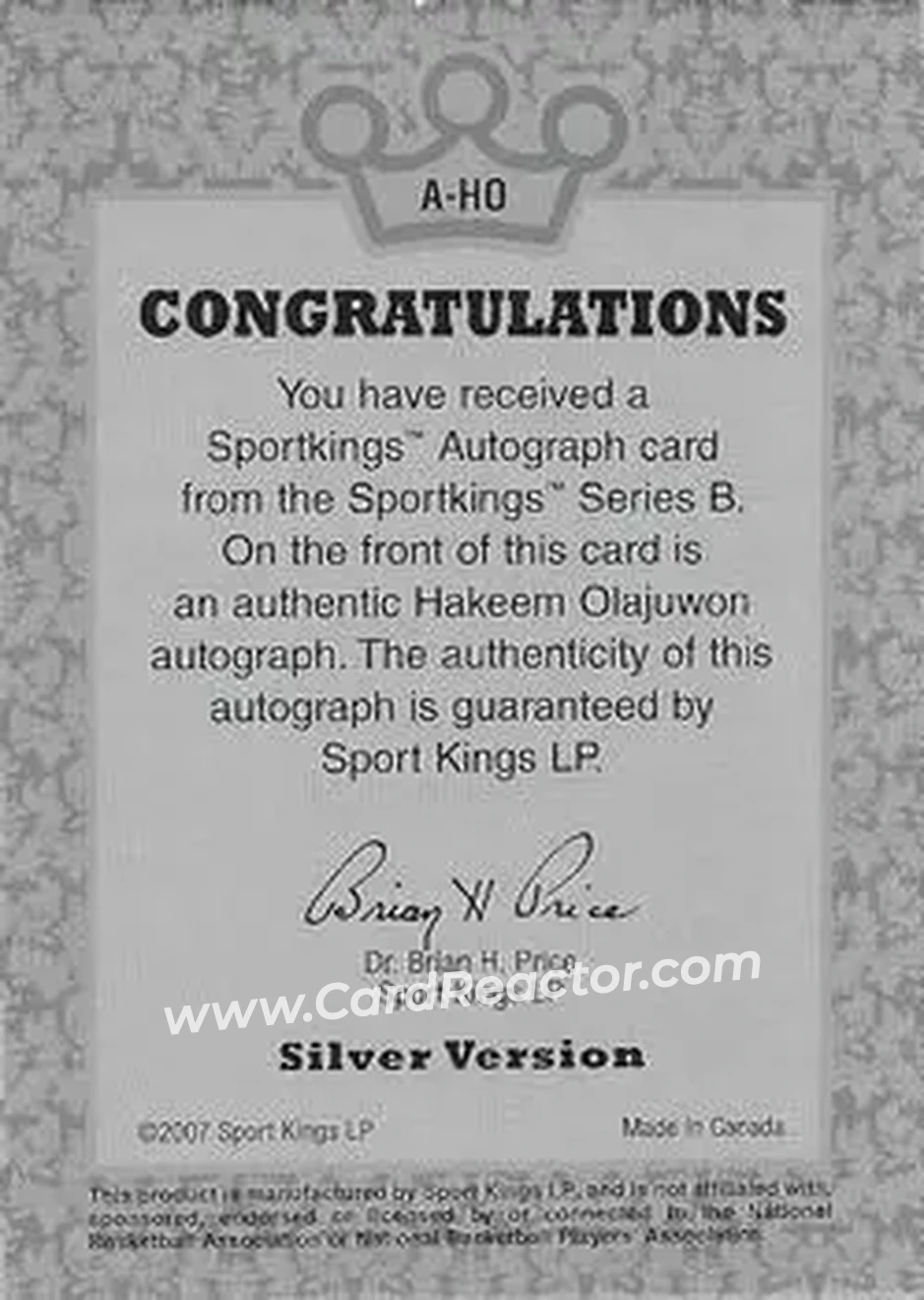 2008 Sportkings Series B - Autograph Silver #A-HO - Hakeem Olajuwon - Houston Rockets - Back