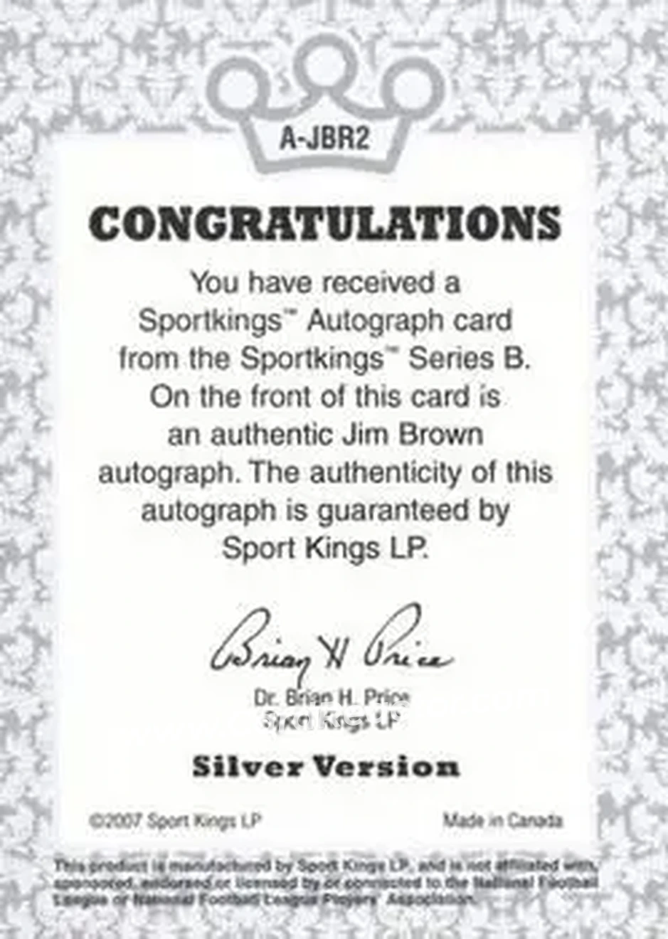 2008 Sportkings Series B - Autograph Silver #A-JBR2 - Jimmy Brown - Cleveland Browns - Back