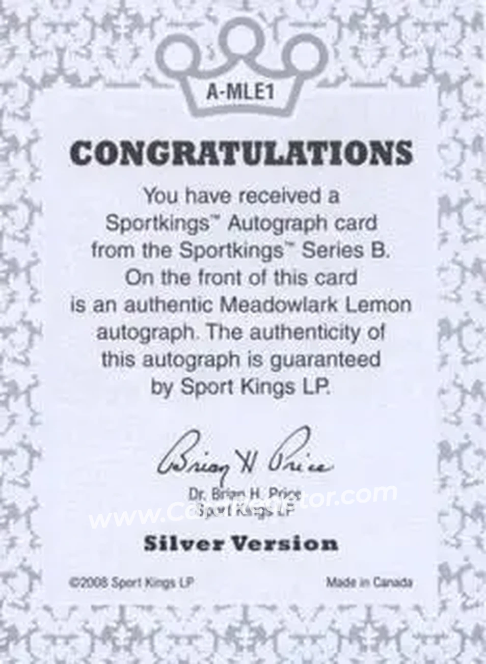 2008 Sportkings Series B - Autograph Silver #A-MLE1 - Meadowlark Lemon - Back