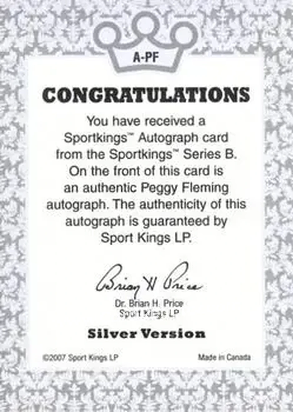 2008 Sportkings Series B - Autograph Silver #A-PF - Peggy Fleming - Back