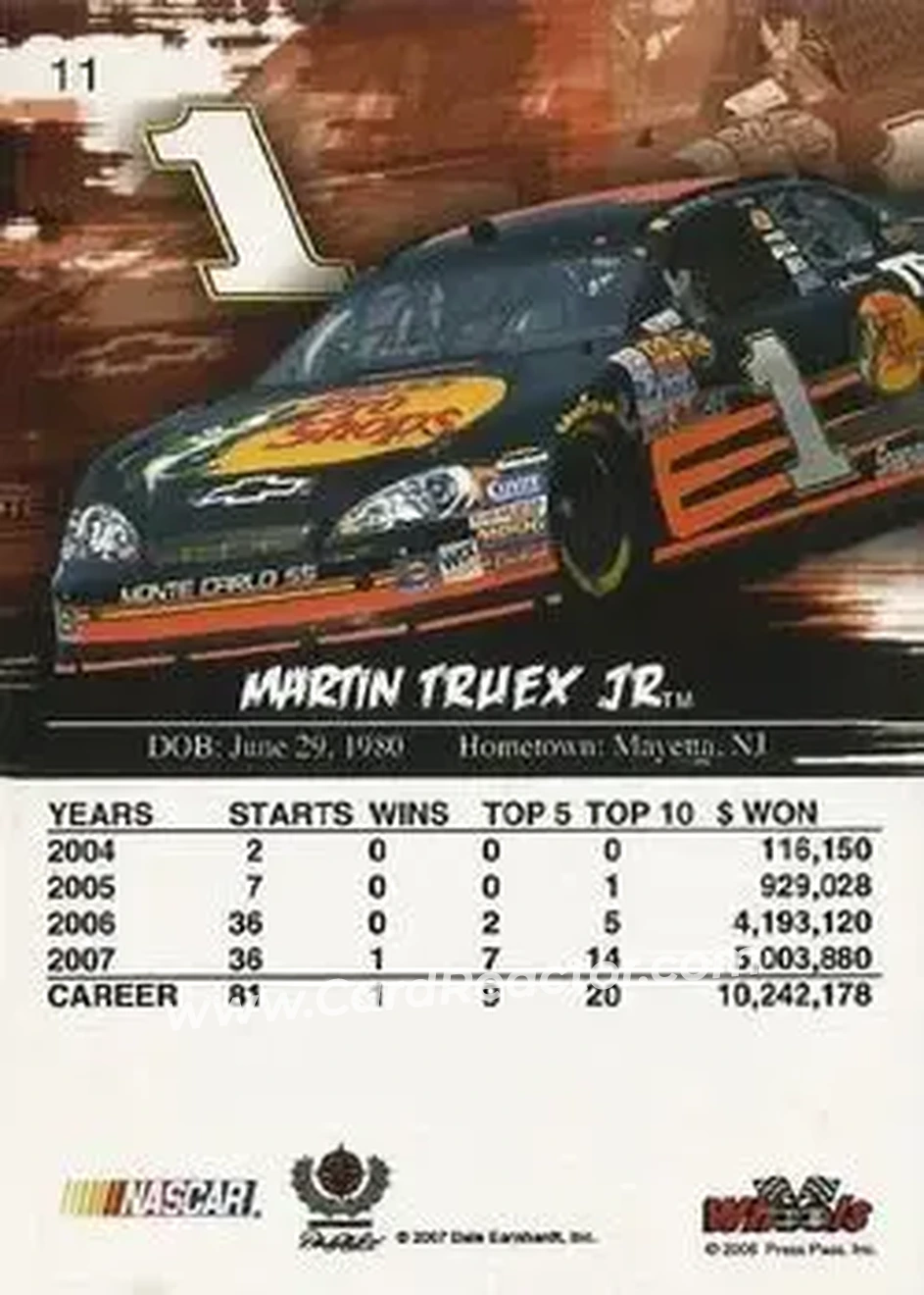 2008 Wheels High Gear #11 - Martin Truex Jr. - Dale Earnhardt Inc. - Back