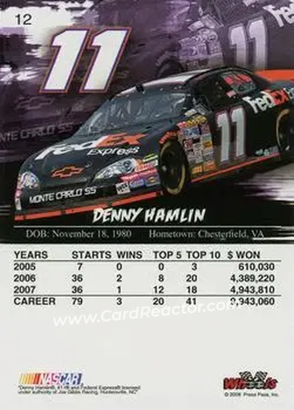 2008 Wheels High Gear #12 - Denny Hamlin - Joe Gibbs Racing - Back