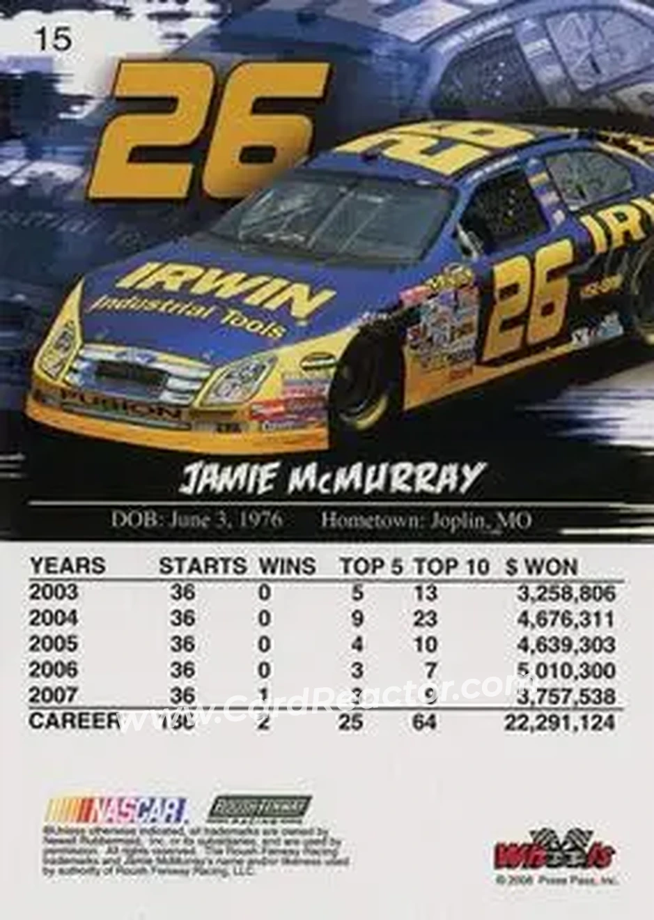 2008 Wheels High Gear #15 - Jamie McMurray - Roush Fenway Racing - Back