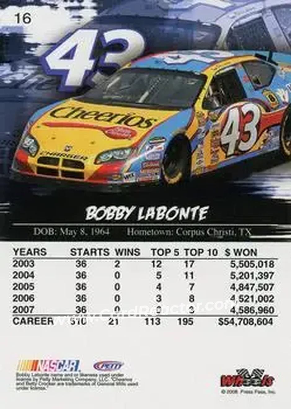 2008 Wheels High Gear #16 - Bobby Labonte - Petty Enterprises - Back