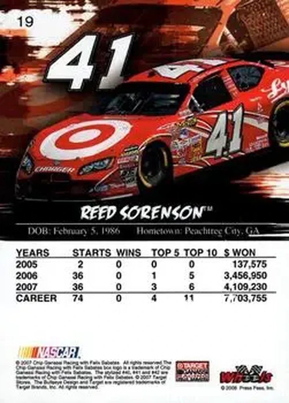 2008 Wheels High Gear #19 - Reed Sorenson - Chip Ganassi Racing with Felix Sabates - Back