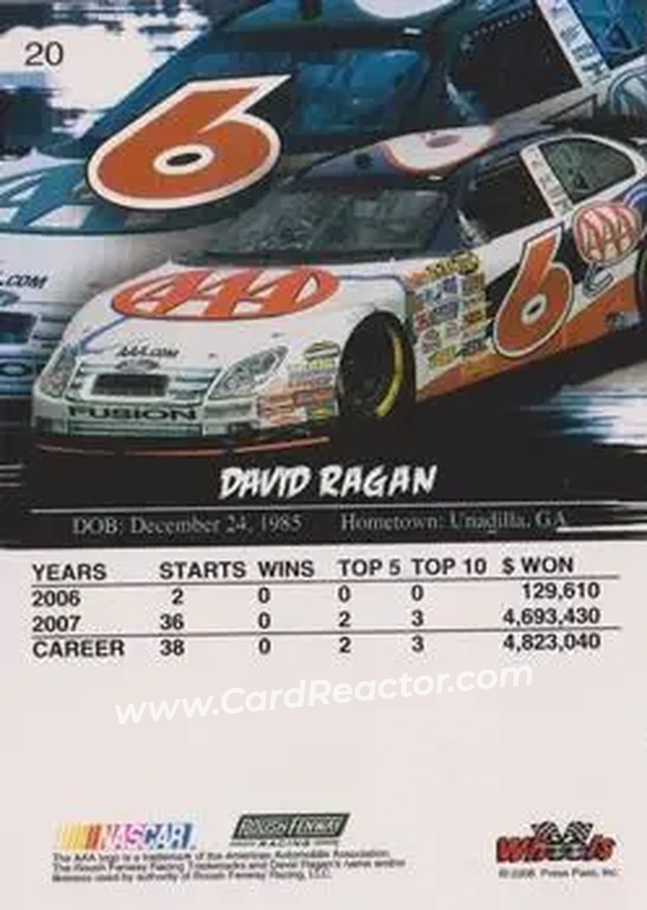 2008 Wheels High Gear #20 - David Ragan - Roush Fenway Racing - Back