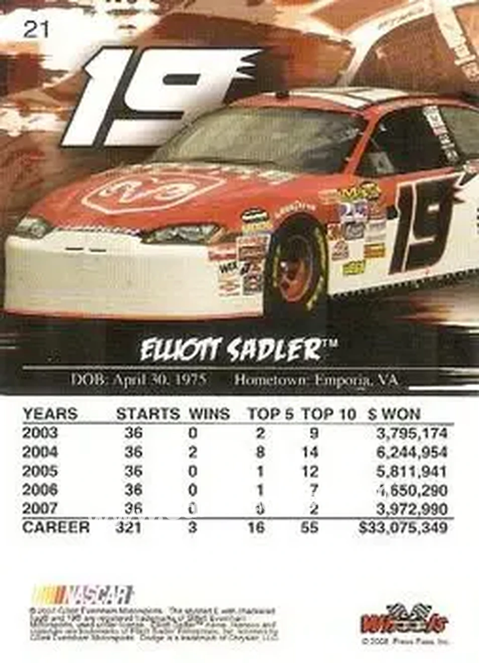 2008 Wheels High Gear #21 - Elliott Sadler - Gillett Evernham Motorsports - Back