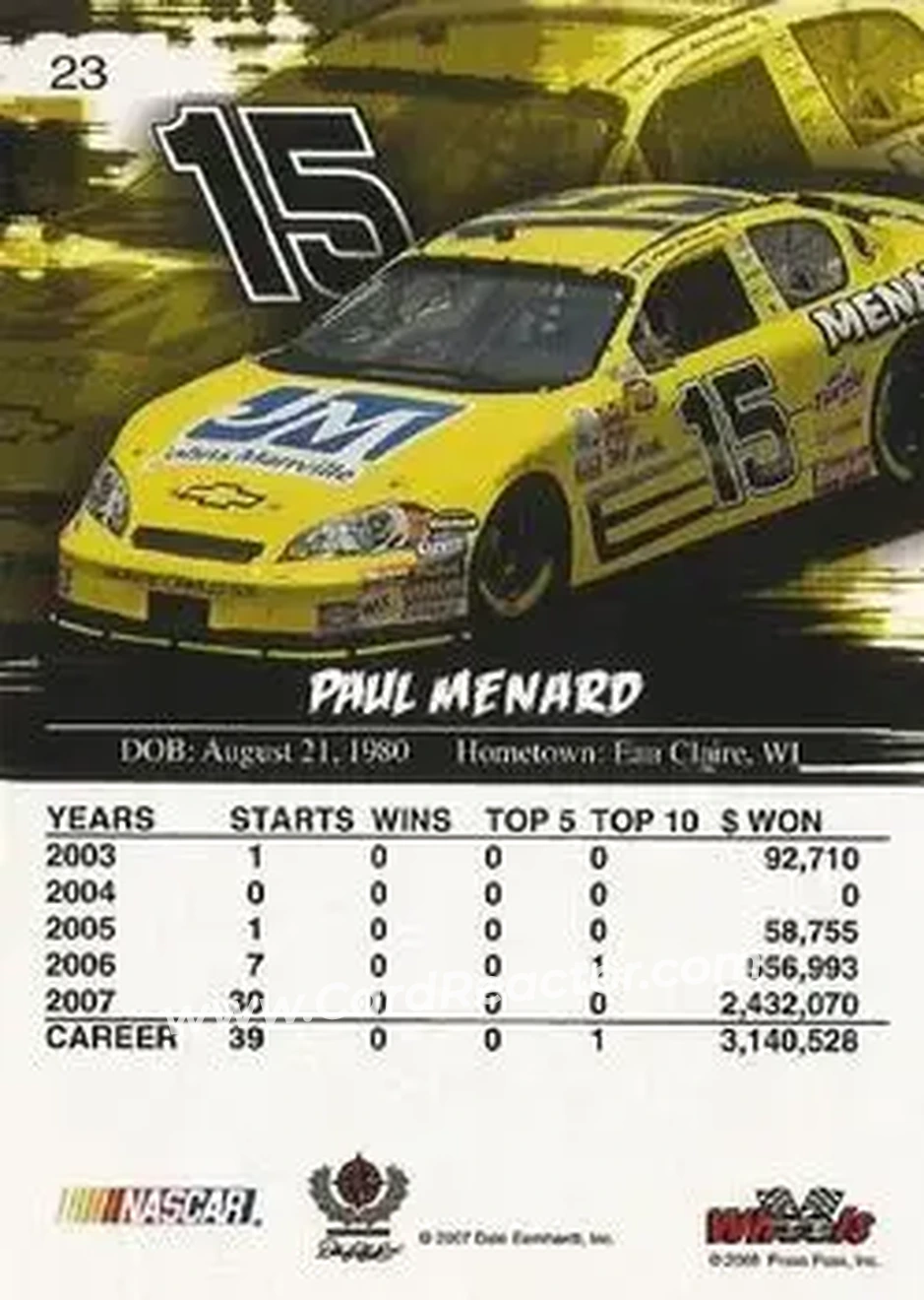 2008 Wheels High Gear #23 - Paul Menard - Dale Earnhardt Inc. - Back