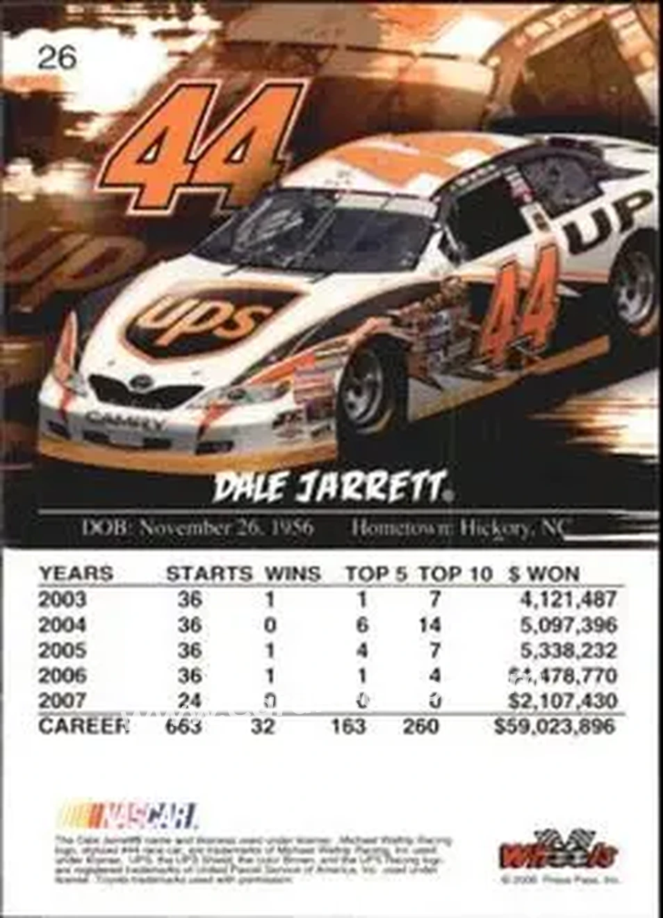2008 Wheels High Gear #26 - Dale Jarrett - Michael Waltrip Racing - Back