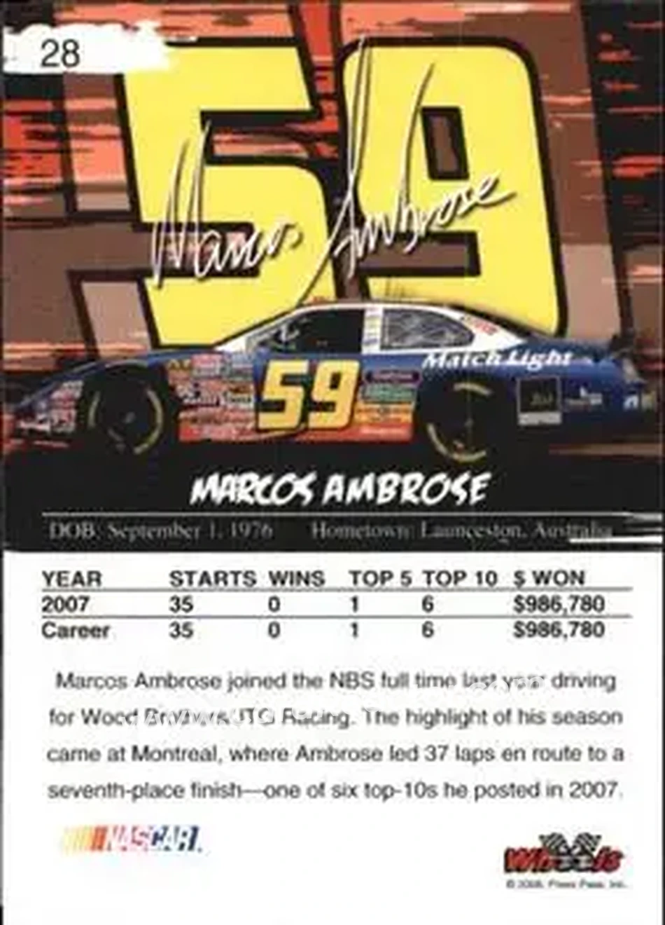 2008 Wheels High Gear #28 - Marcos Ambrose - JTG Daugherty Racing - Back