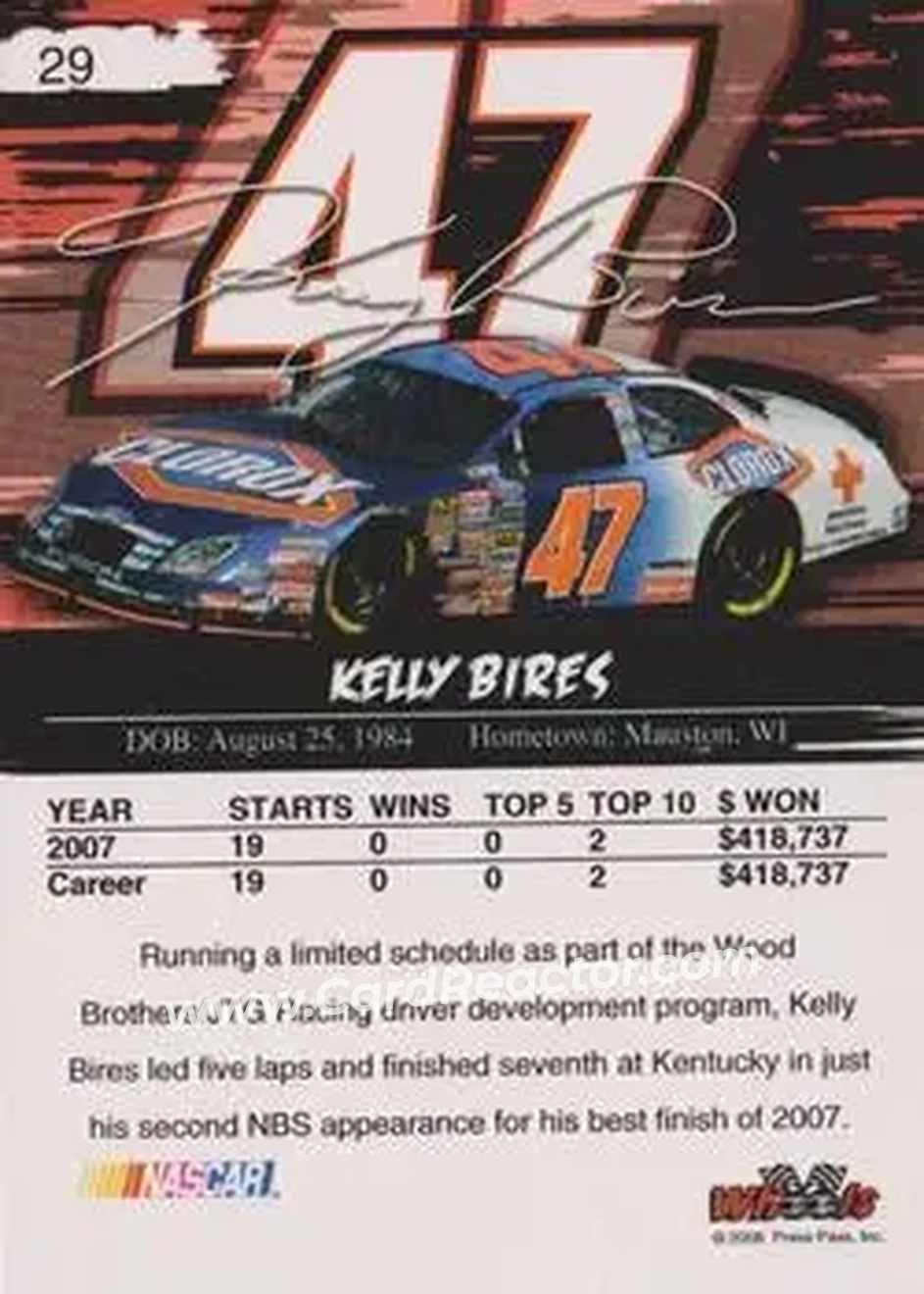 2008 Wheels High Gear #29 - Kelly Bires - JTG Daugherty Racing - Back
