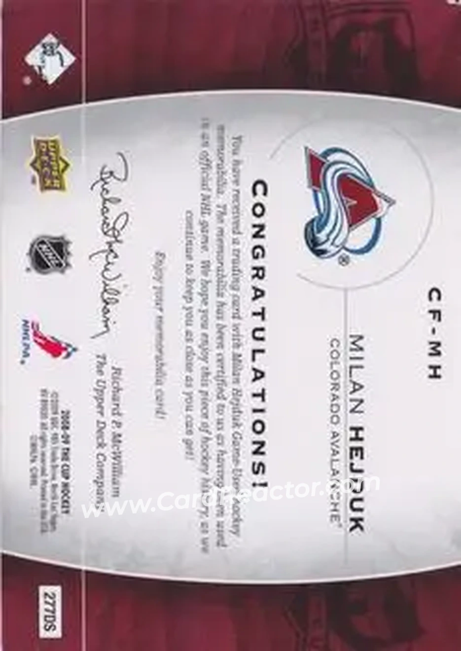 2008-09 Upper Deck The Cup - Cup Foundations Quad Jerseys #CF-MH - Milan Hejduk - Colorado Avalanche - Back 2008-09 Upper Deck The Cup - Cup Foundations Quad Jerseys #CF-MH - Milan Hejduk - Colorado Avalanche - Back