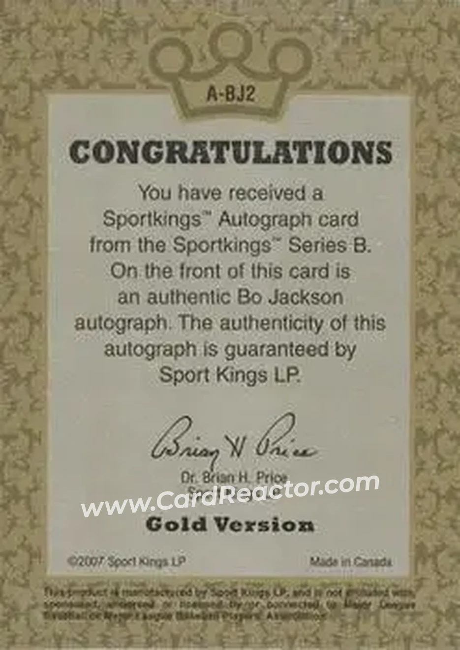 2008 Sportkings Series B - Autograph Gold #A-BJ2 - Bo Jackson - Kansas City Royals - Back