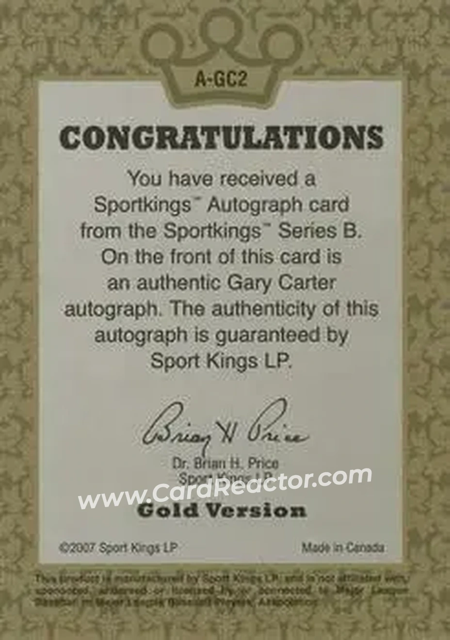 2008 Sportkings Series B - Autograph Gold #A-GC2 - Gary Carter - New York Mets - Back 2008 Sportkings Series B - Autograph Gold #A-GC2 - Gary Carter - New York Mets - Back