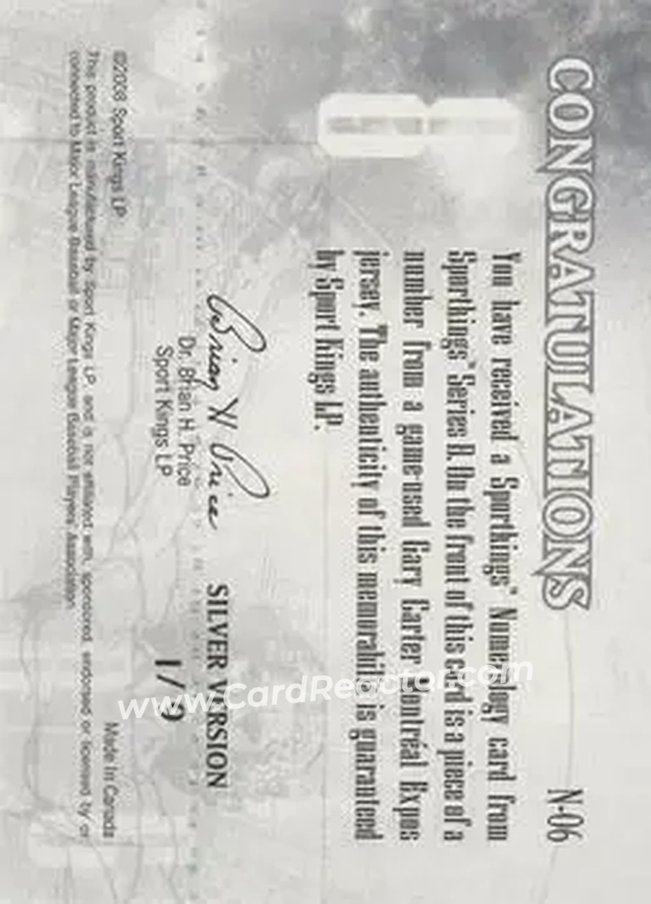 2008 Sportkings Series B - Numerology Silver #N-06 - Gary Carter - Montreal Expos - Back