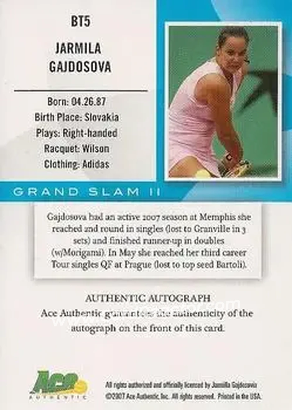 2008 Ace Authentic Grand Slam - Breaking Through Autographs Bronze #BT5 - Jarmila Gajdosova - Back