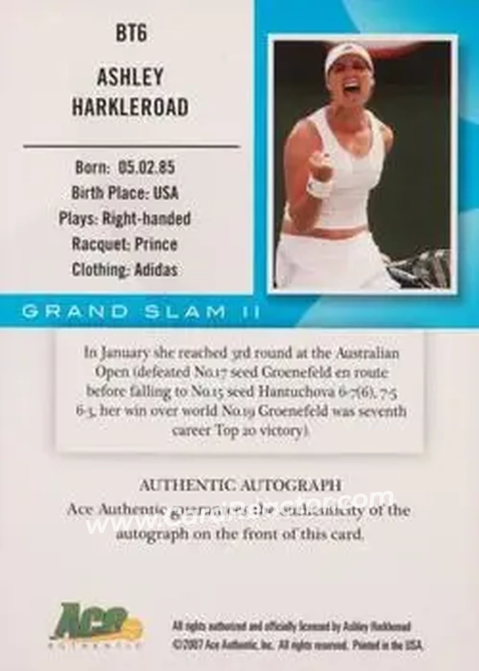 2008 Ace Authentic Grand Slam - Breaking Through Autographs Bronze #BT6 - Ashley Harkleroad - Back