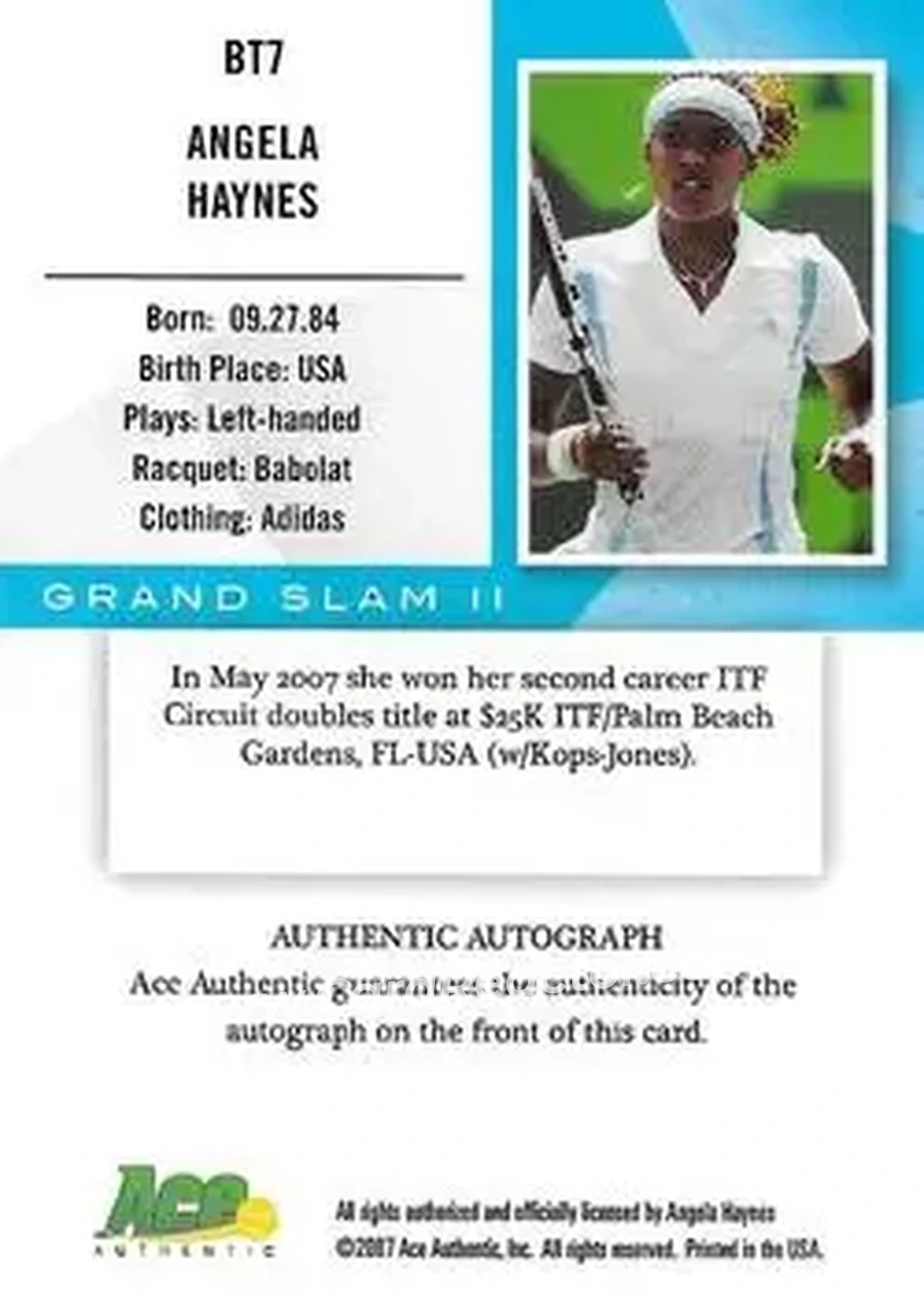 2008 Ace Authentic Grand Slam - Breaking Through Autographs Bronze #BT7 - Angela Haynes - Back