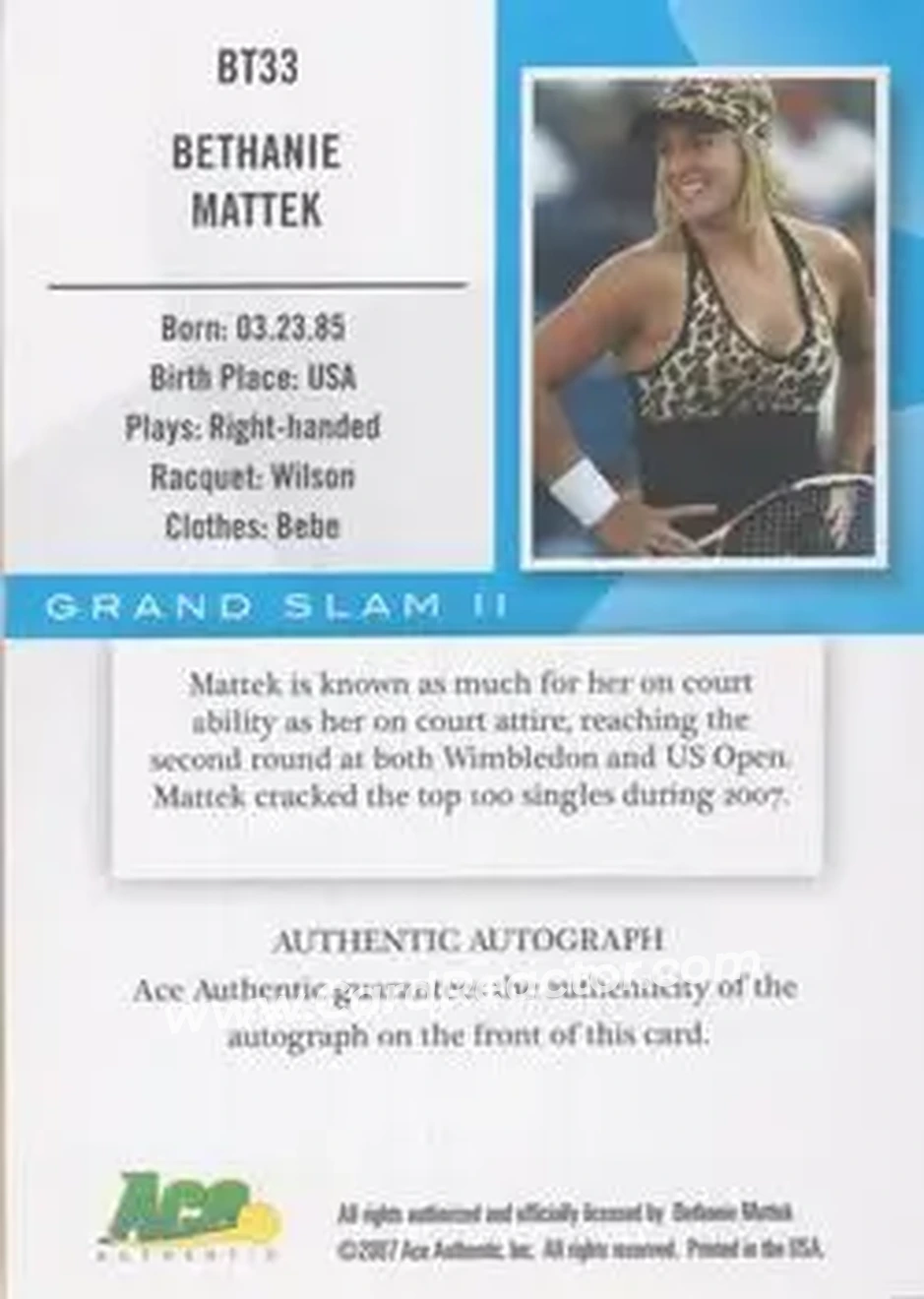 2008 Ace Authentic Grand Slam - Breaking Through Autographs Bronze #BT33 - Bethanie Mattek-Sands - Back 2008 Ace Authentic Grand Slam - Breaking Through Autographs Bronze #BT33 - Bethanie Mattek-Sands - Back