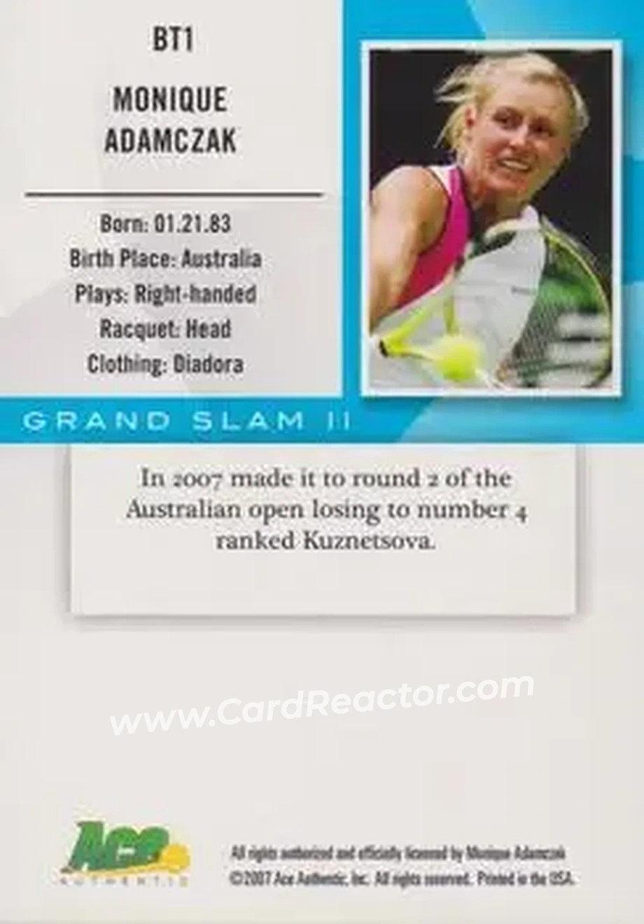 2008 Ace Authentic Grand Slam II #BT1 - Monique Adamczak - Back