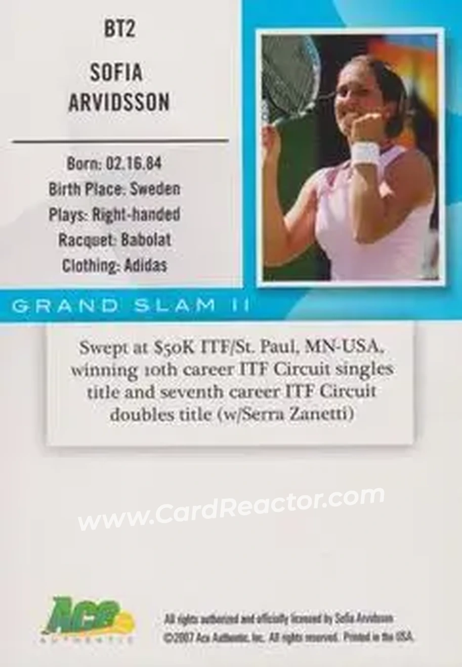 2008 Ace Authentic Grand Slam II #BT2 - Sofia Arvidsson - Back 2008 Ace Authentic Grand Slam II #BT2 - Sofia Arvidsson - Back