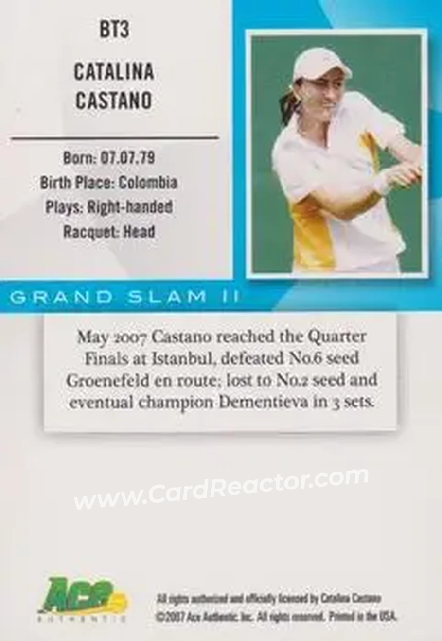 2008 Ace Authentic Grand Slam II #BT3 - Catalina Castano - Back