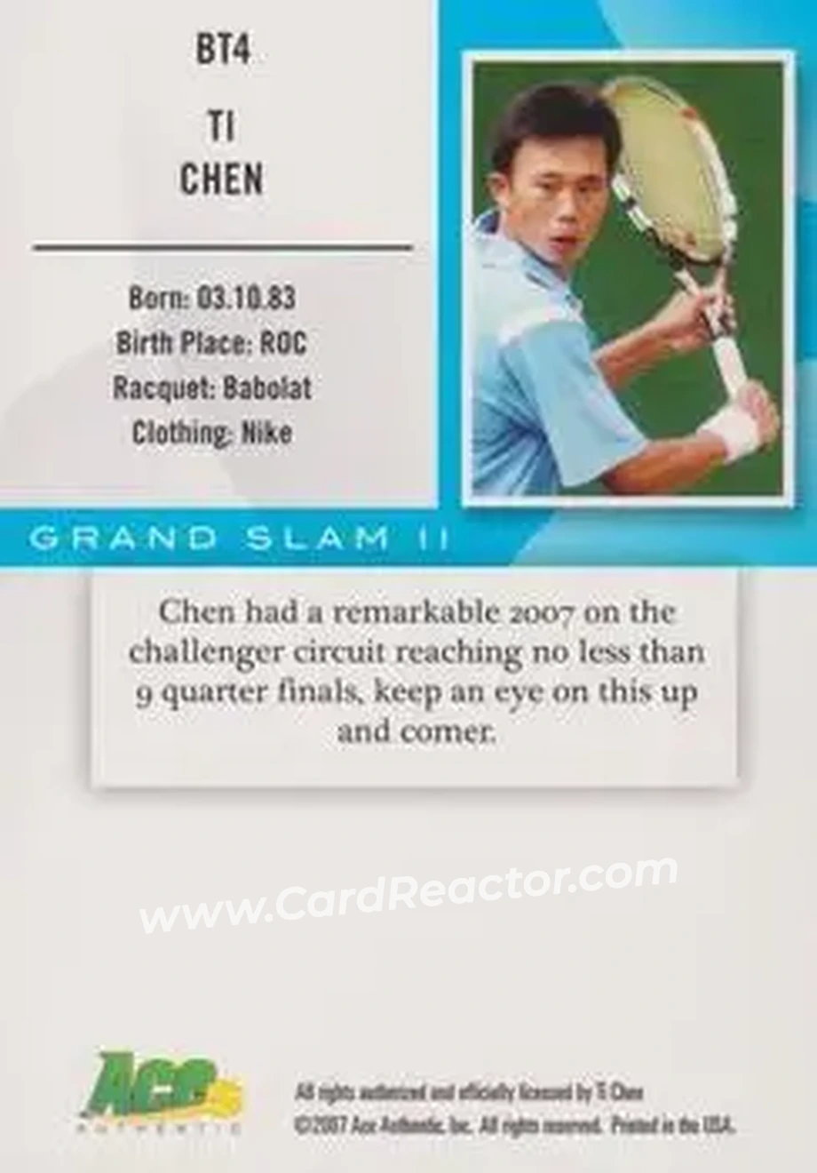 2008 Ace Authentic Grand Slam II #BT4 - Ti Chen - Back 2008 Ace Authentic Grand Slam II #BT4 - Ti Chen - Back