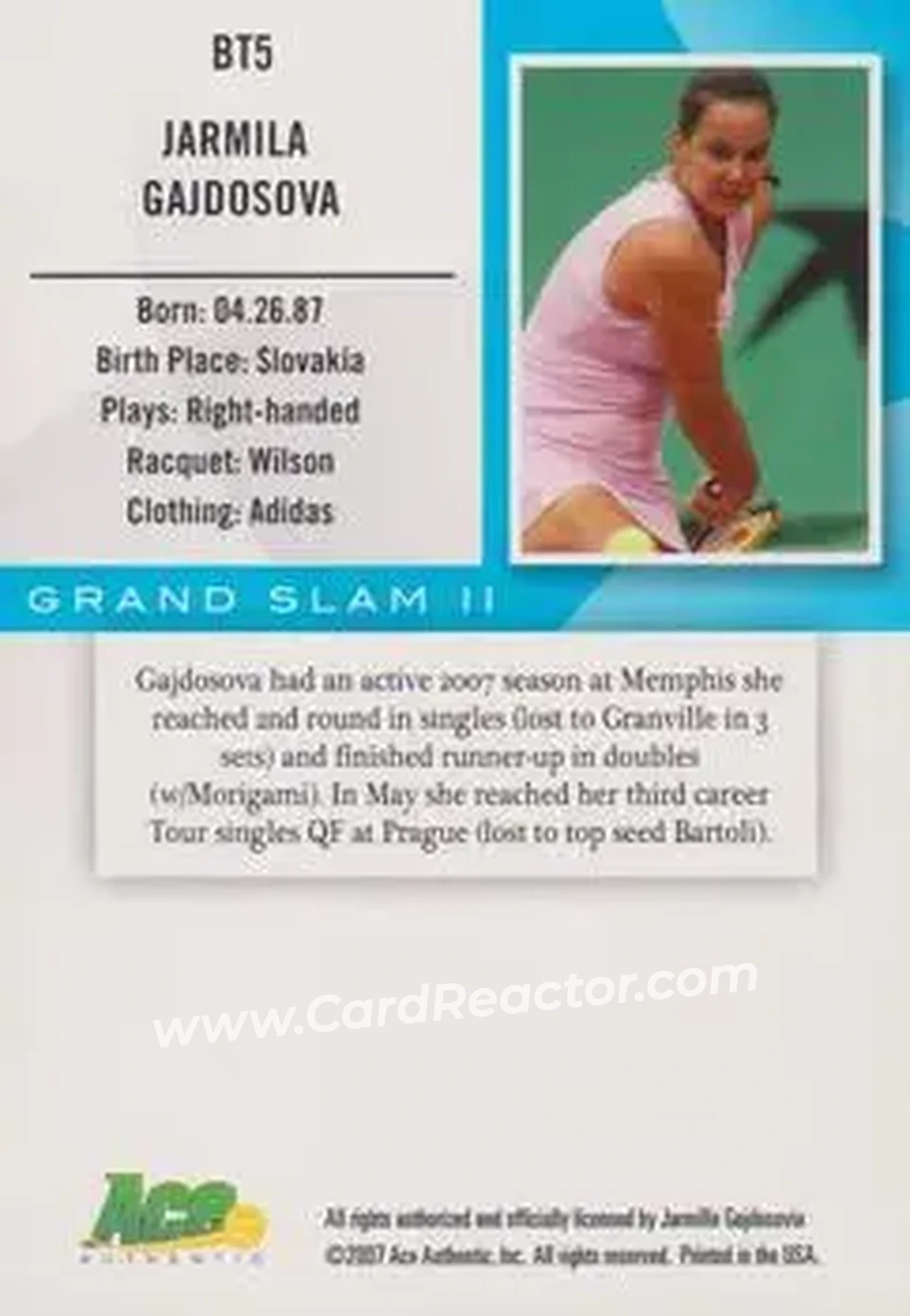 2008 Ace Authentic Grand Slam II #BT5 - Jarmila Gajdosova - Back