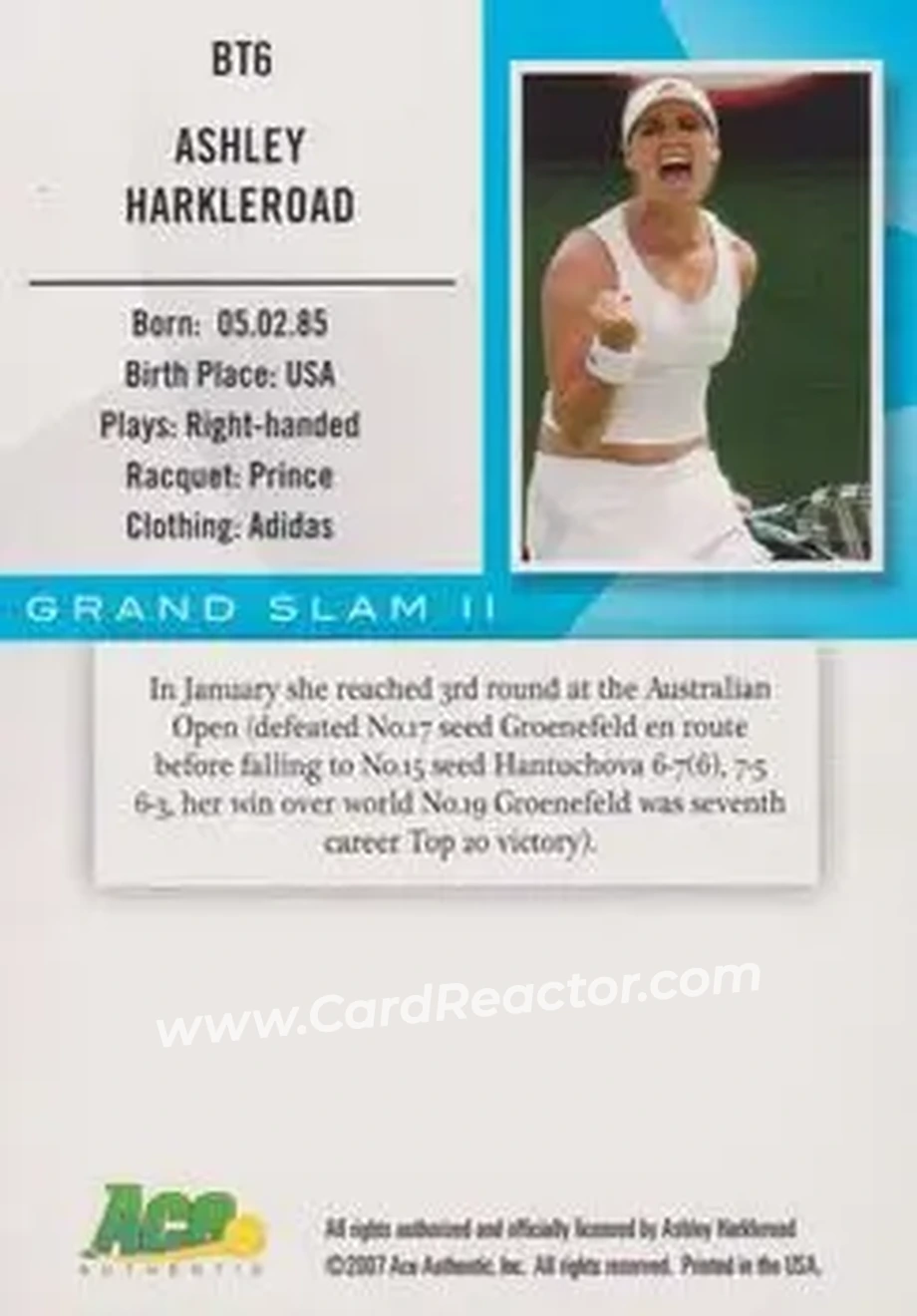 2008 Ace Authentic Grand Slam II #BT6 - Ashley Harkleroad - Back 2008 Ace Authentic Grand Slam II #BT6 - Ashley Harkleroad - Back