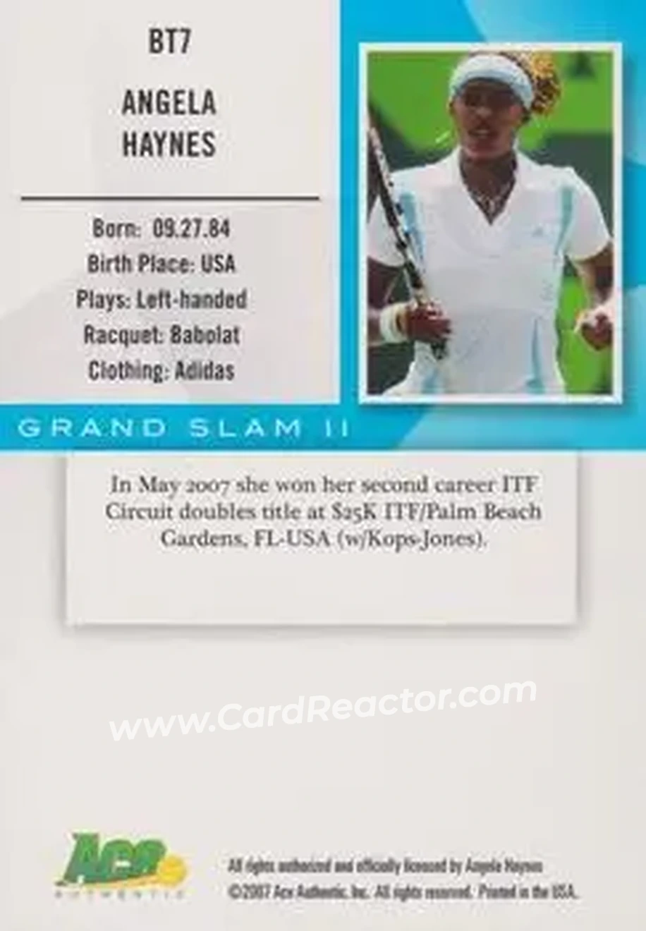 2008 Ace Authentic Grand Slam II #BT7 - Angela Haynes - Back