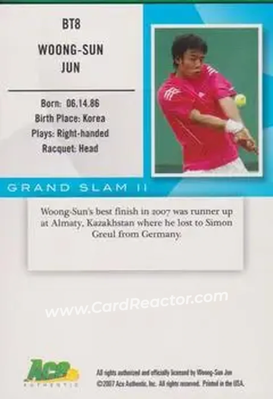 2008 Ace Authentic Grand Slam II #BT8 - Woong-Sun Jun - Back
